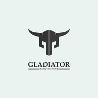 logo de casco espartano y gladiador, poder, vintage, espada, seguridad, logo legendario y vector de soldado clásico