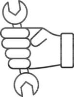 Hand holding wrench icon in line art. vector