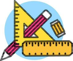 Flat style Triangle protractor with ruler, eraser and pencil geometric icon. vector