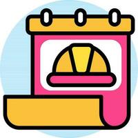 Construction helmet on calendar icon in pink and yellow color. vector