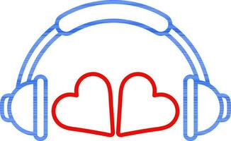 Flat style Headphone with Two Heart line icon in blue and red color. vector