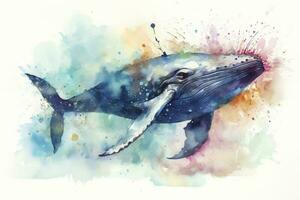 A whale breaching in a stormy ocean watercolor painting, beautiful natural forms, crisp clean shapes, colorful, white background, generate ai photo