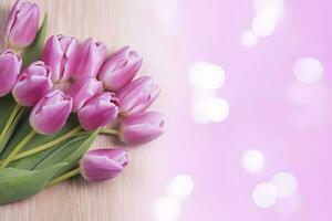 Wooden pink background with fresh spring tulips and empty copy space heart shape decoration made of wood , generate ai photo