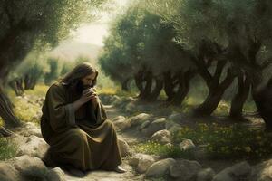 Jesus Christ praying in the garden of olive. AI generativ. photo