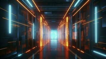 digital cg background, cg backgrounds sci-fi backgrounds, in the style of futuristic geometric abstraction, dark orange and light cyan, 32k UHD, neon, and fluorescent light, generat ai photo