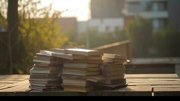 Stack of old books in nature on wooden board with blurred green background, generate ai photo