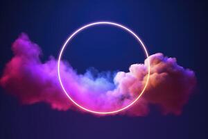 3d render, abstract cloud illuminated with neon light ring on dark night sky. Glowing geometric shape, round frame, photo