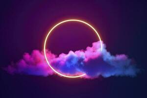 3d render, abstract cloud illuminated with neon light ring on dark night sky. Glowing geometric shape, round frame, generate ai photo