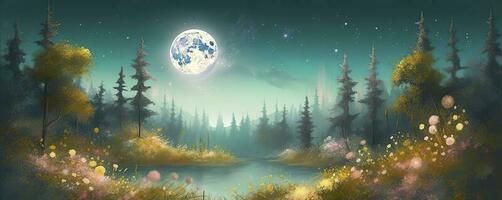 night landscape environment harvest moon over a glittering lake lush vegetation birchwood trees, flowers, magical galaxy. 3d drawing digital art, generate ai photo