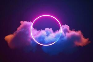 3d render, abstract cloud illuminated with neon light ring on dark night sky. Glowing geometric shape, round frame, generate ai photo