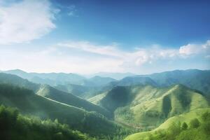 mundo ambiente día concepto, verde montañas y hermosa azul cielo nubes generativo ai foto