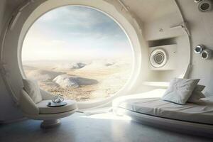 Concept art illustration of sci-fi futuristic interior of space station, generate ai photo