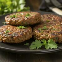 Tasty grilled hamburger patties with seasonings on wooden table, closeup, generate ai photo