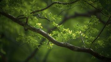 tierra día y mundo ambiente día, primavera, tropical árbol hojas y rama con hermosa verde bosque fondo, generar ai foto