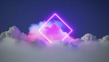 3d render, abstract minimal background with pink blue yellow neon light square frame with copy space, illuminated stormy clouds, glowing geometric shape, generate ai photo