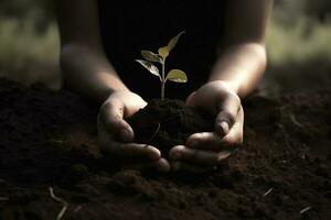 un niño participación un planta en su manos con un verde antecedentes y luz de sol brillante mediante el hojas en el planta, generar ai foto