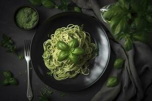 Traditional Italian spaghetti with asparagus in a herb sauce served as a top view on a Nordic design plate, generate ai photo