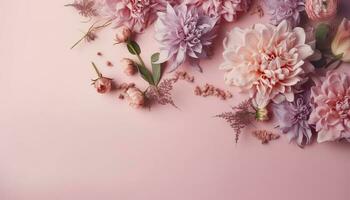rosado flores composición terminado pastel fondo, generar ai foto