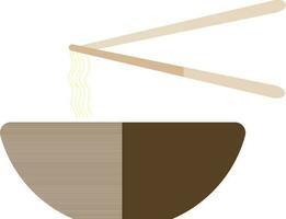 Yellow noodle in brown bowl with chopsticks. vector
