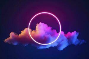 3d render, abstract cloud illuminated with neon light ring on dark night sky. Glowing geometric shape, round frame, generate ai photo
