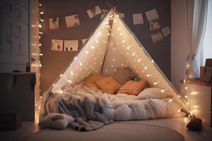 Kids bedroom in dark colors. Cozy kids room interior, scandinavian nordic design with light garlands and soft pillows, tent canopy bed. Children room in evening with lights on. image. photo