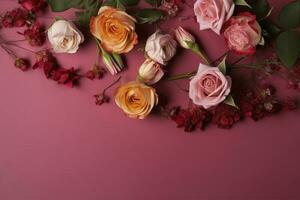 Roses Flower Arrangement, Copy Space, Flat Lay , generate ai photo