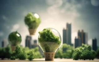 energía consumo y co2 gas emisiones son creciente ligero bombillas con verde eco ciudad, renovable energía por 2050 carbón neutral energía, salvar energía creativo idea concepto, generativo ai. foto