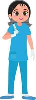 Character of a female doctor holding syringe. vector