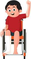 Character of boy with broken leg on wheel chair. vector