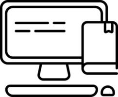 Online reading with computer and book icon in black line art. vector