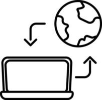 Line art illustration of Data transfer with Earth globe and Laptop icon. vector