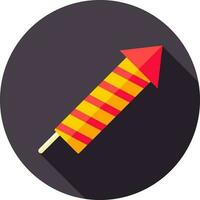 Red and Yellow fireworks rocket icon on purple round background. vector