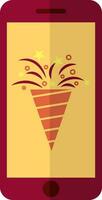 Party popper on smartphone screen in flat style. vector
