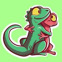 Digital art of two lizards hugging and holding each other. Vector of a reptile couple loving and embracing.