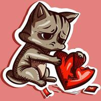 Vector of a sad and lonely cat crying. Cute feline holding and trying to repair a broken heart.