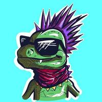 Digital art of a punk metalhead lizard wearing a pink scarf and sunglasses. Vector of a green reptile with spikes looking cool