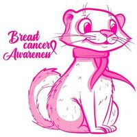 Conceptual art of a pink otter with a ribbon for breast cancer awareness month. Cartoon weasel supporting a medical cause. Cute animal for healthcare campaign vector