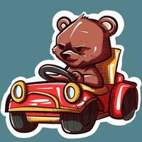 Digital art of a teddy bear driving a small red toy car. Vector of a stuffed animal working as a driver inside an automobile.