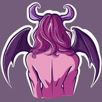 Digital art of a demon's backside view with wings and horns. Vector of a devil woman back view. Religion and christian conceptual illustration of a bible creature.