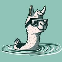 Digital art of a swimming llama with wet wool and sunglasses on a pool. Cool alpaca sitting in water splashes. vector