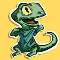 Digital art of a green small lizard putting on a shirt. Vector of a happy dino wearing clothes. Illustration of a reptile touching his t-shirt