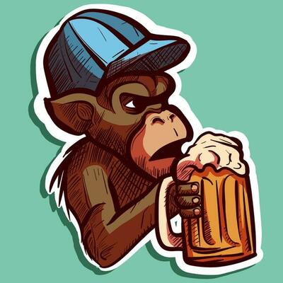 Digital art of a serious monkey with a hat drinking a mug of beer. Cartoon ape relaxing and holding an alcoholic beverage.