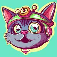 Digital art of a steampunk cat head with lenses and a cap. Smiling kitty vector wearing tech and robotic steam punk gadgets.