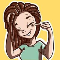 Digital art of a cartoon girl blushing and squishing her cheeks. Young woman vector with dreadlocks playing with her hair.