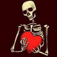 Digital art of a grunge skeleton holding a heart on his hands. Conceptual vector about love of a skeleton with bones.