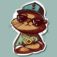 Digital art of a cool thug otter with a gold chain, clothes and a hiphop hat. Graffiti sticker of a weasel with sunglasses. vector