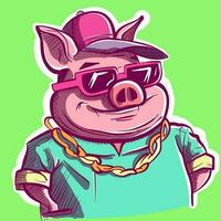 Digital artwork of a big fat pig wearing sunglasses, a hip hop hat and a shirt. Smiling humanized boar. Vector of a cool farm animal.