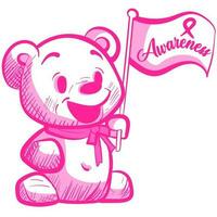 Conceptual art of a pink teddy bear holding a flag with awareness for breast cancer month. Vector of a stuffed animal supporting a medical cause.