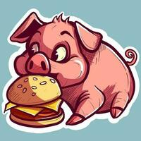 Digital art of a hungry piglet eating a burger. Vector of a pink pig devouring a big cheeseburger. Cartoon humanized animal with a hamburger.