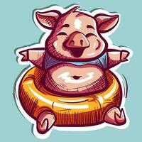digital Arte de un contento cerdo con su barriga pega fuera de su camisa. linda cerdito teniendo divertido en un flotador granja animal a el piscina, nadar. vector